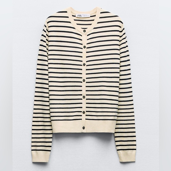 Zara Sweaters - ZARA Cream & Black Striped Button Front Cardigan Sweater Size Small NWOT
